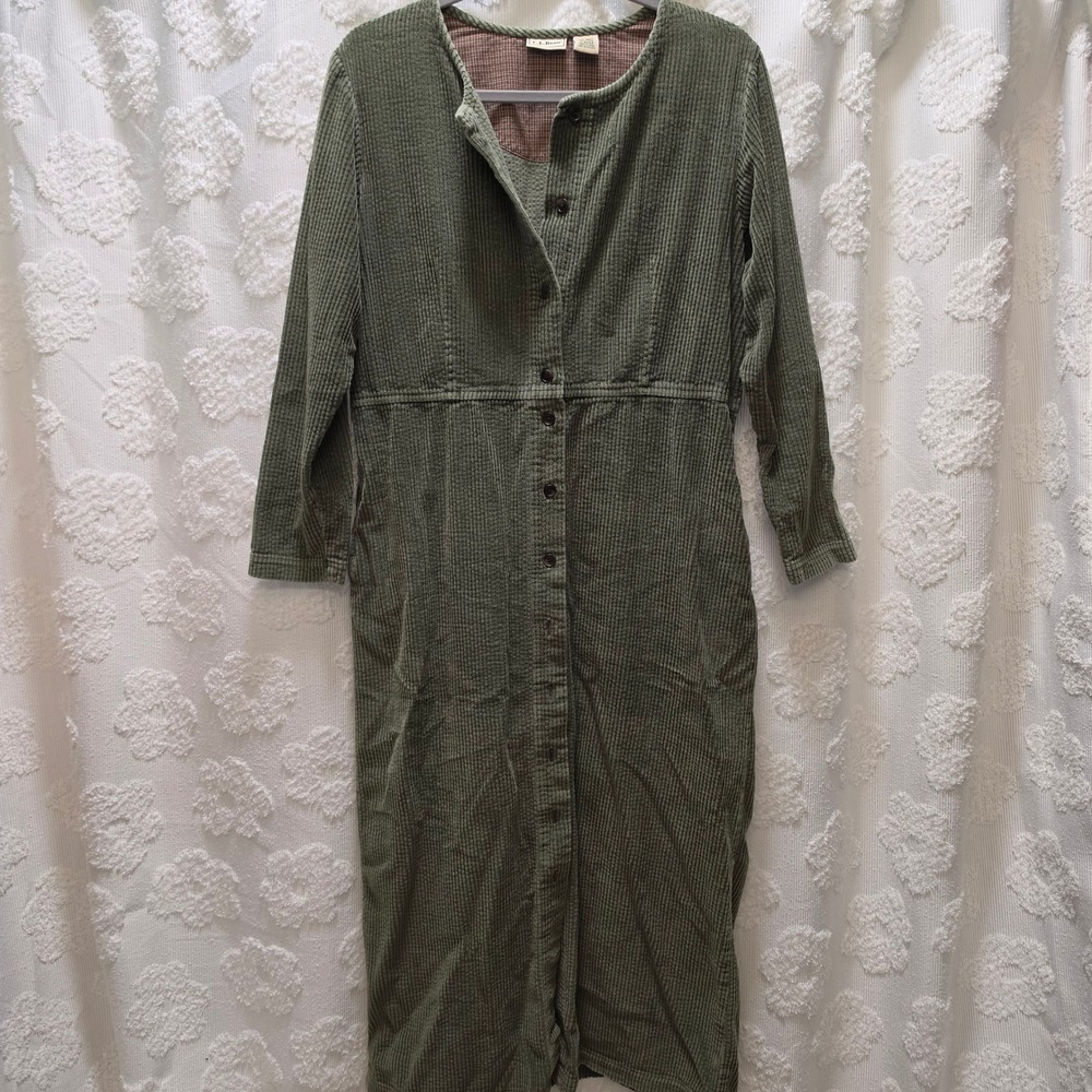 Vintage LL Bean Olive Green Corduroy Button Front Midi Dress Pockets Size 12 Reg